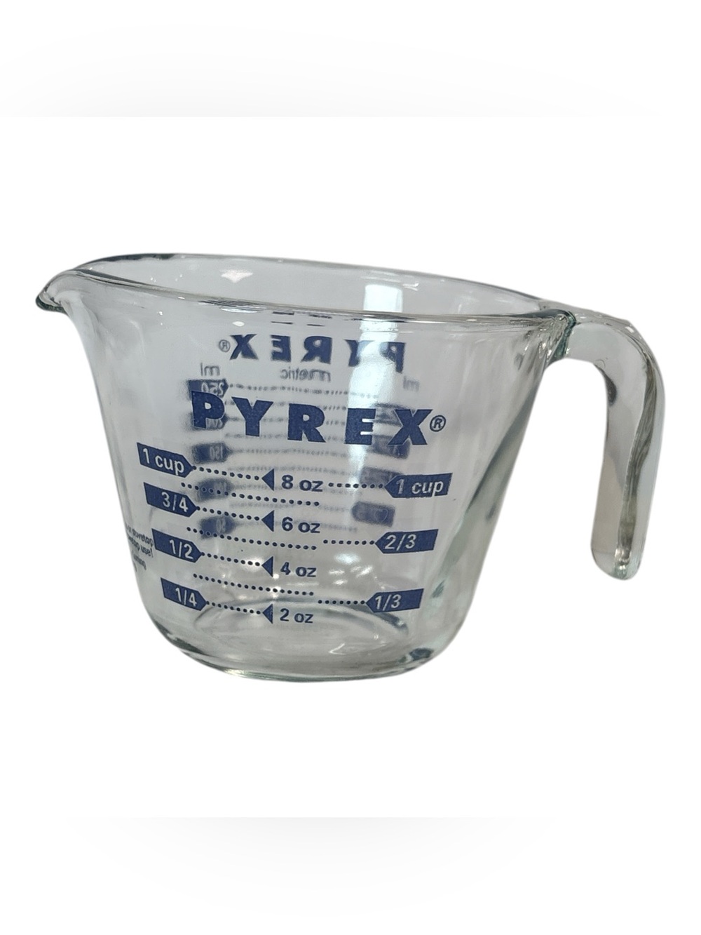 Vintage Pyrex Glass Measuring Cup Blue Lettering Open J Handle 1 Cup 8 oz 250 ml